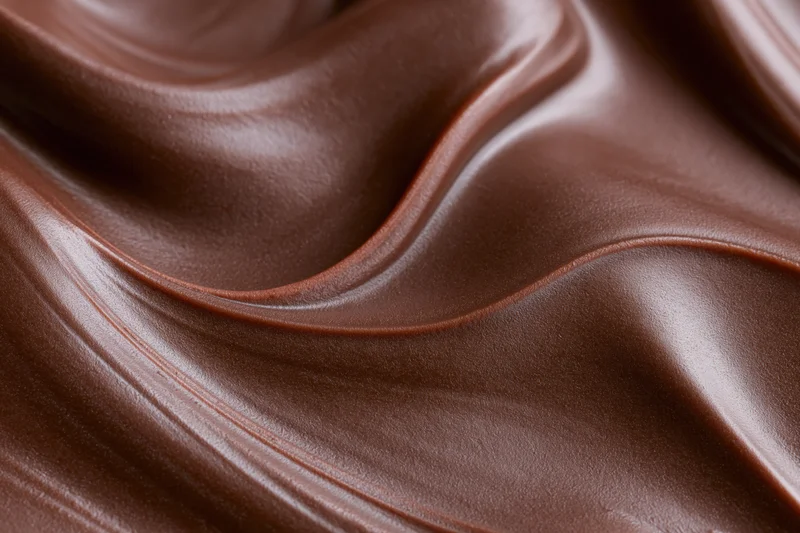Flowing melted chocolate surface filling the frame with smooth glossy swirls