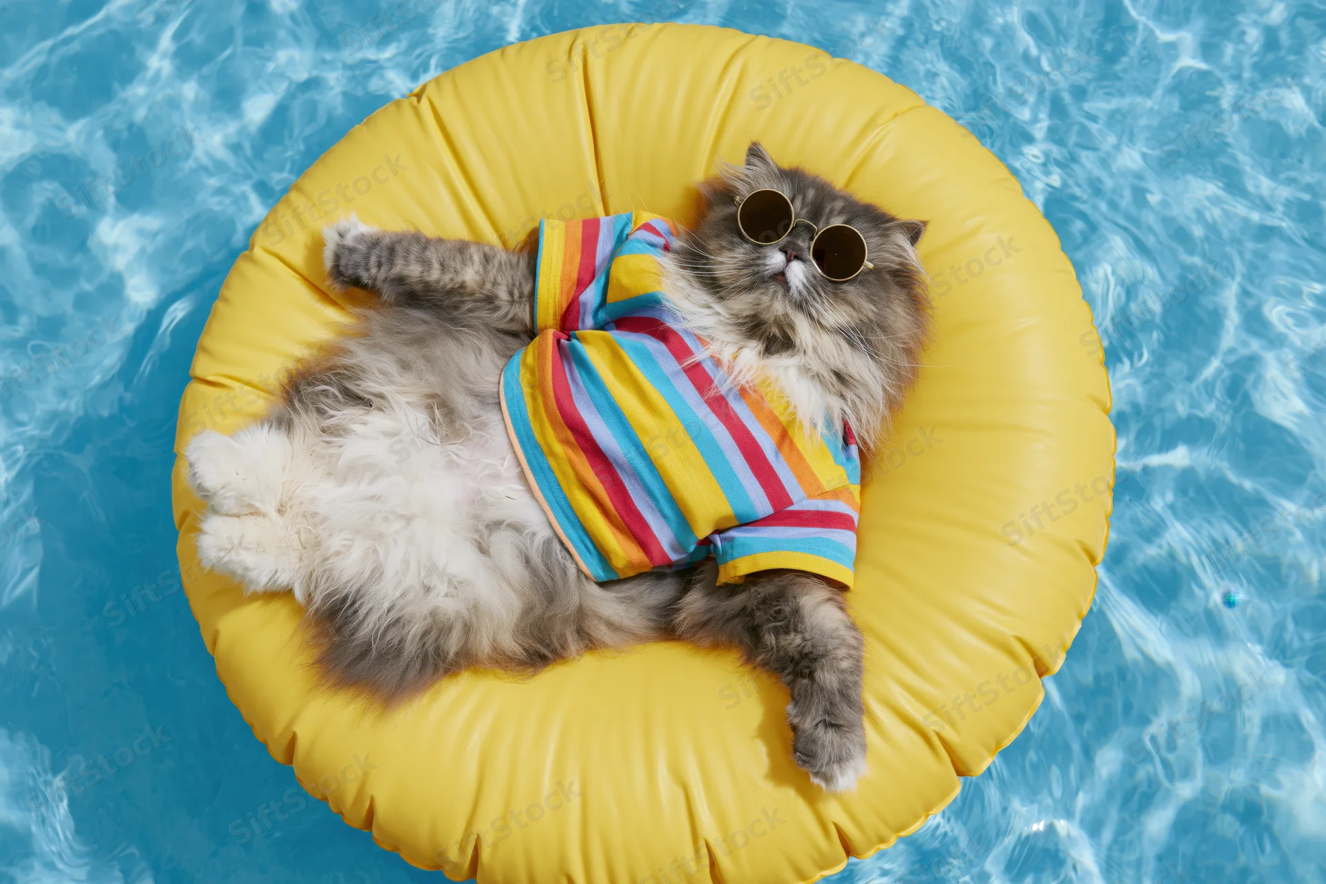 Fluffy grey and white persian cat lying on back on yellow inflatable float in swimming pool wearing striped shirt and sunglasses