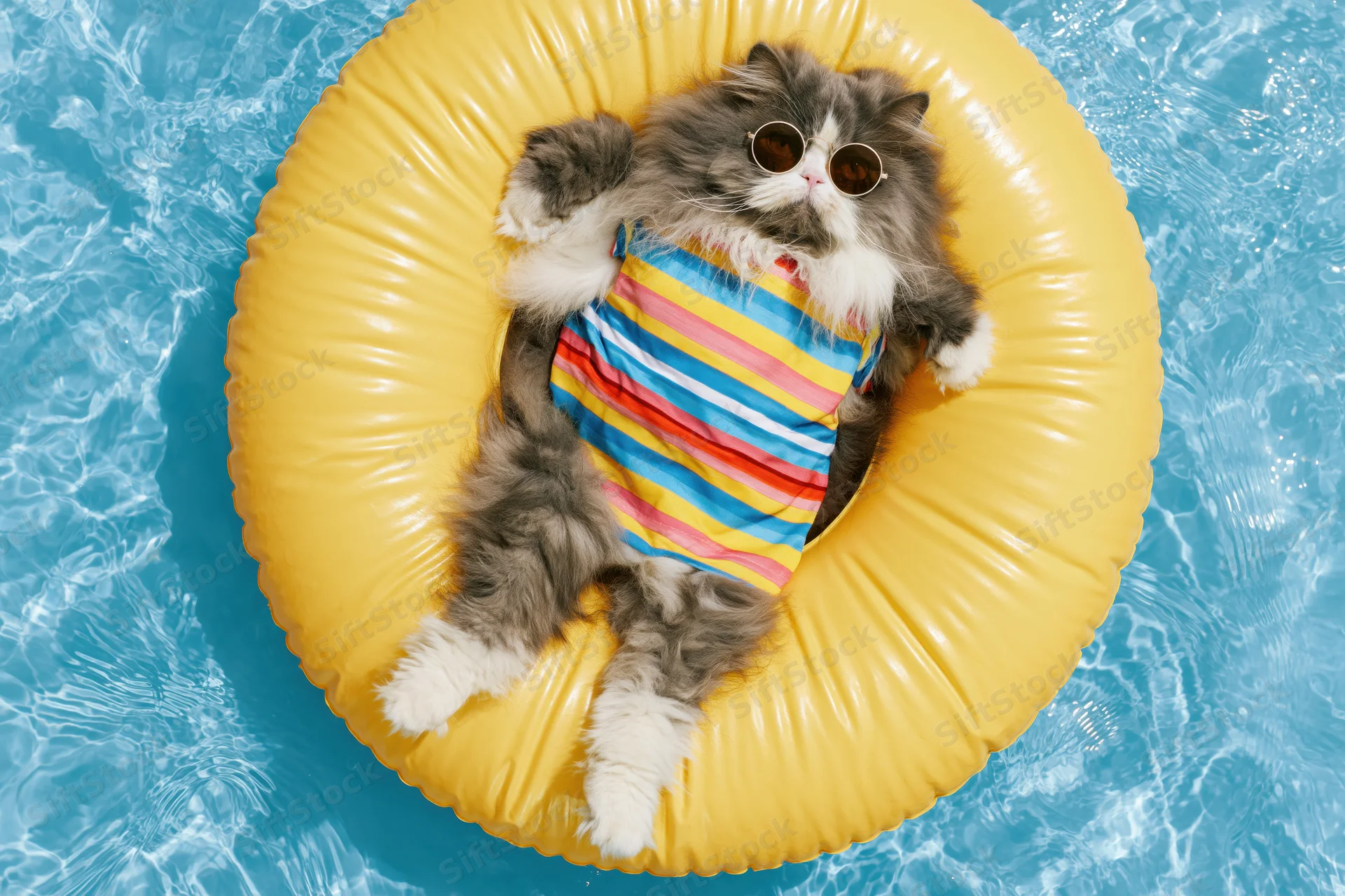 Fluffy grey and white persian cat lying on back on yellow inflatable ring in pool wearing sunglasses and striped swimsuit