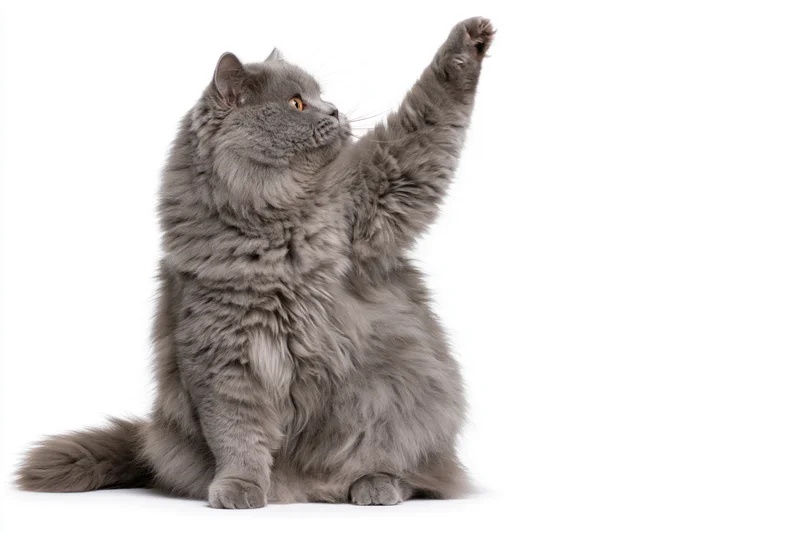Fluffy grey longhaired cat sitting upright with one front paw raised against white background