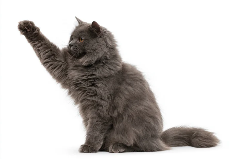 Fluffy grey longhaired cat sitting upright with one front paw raised in a waving gesture against white background