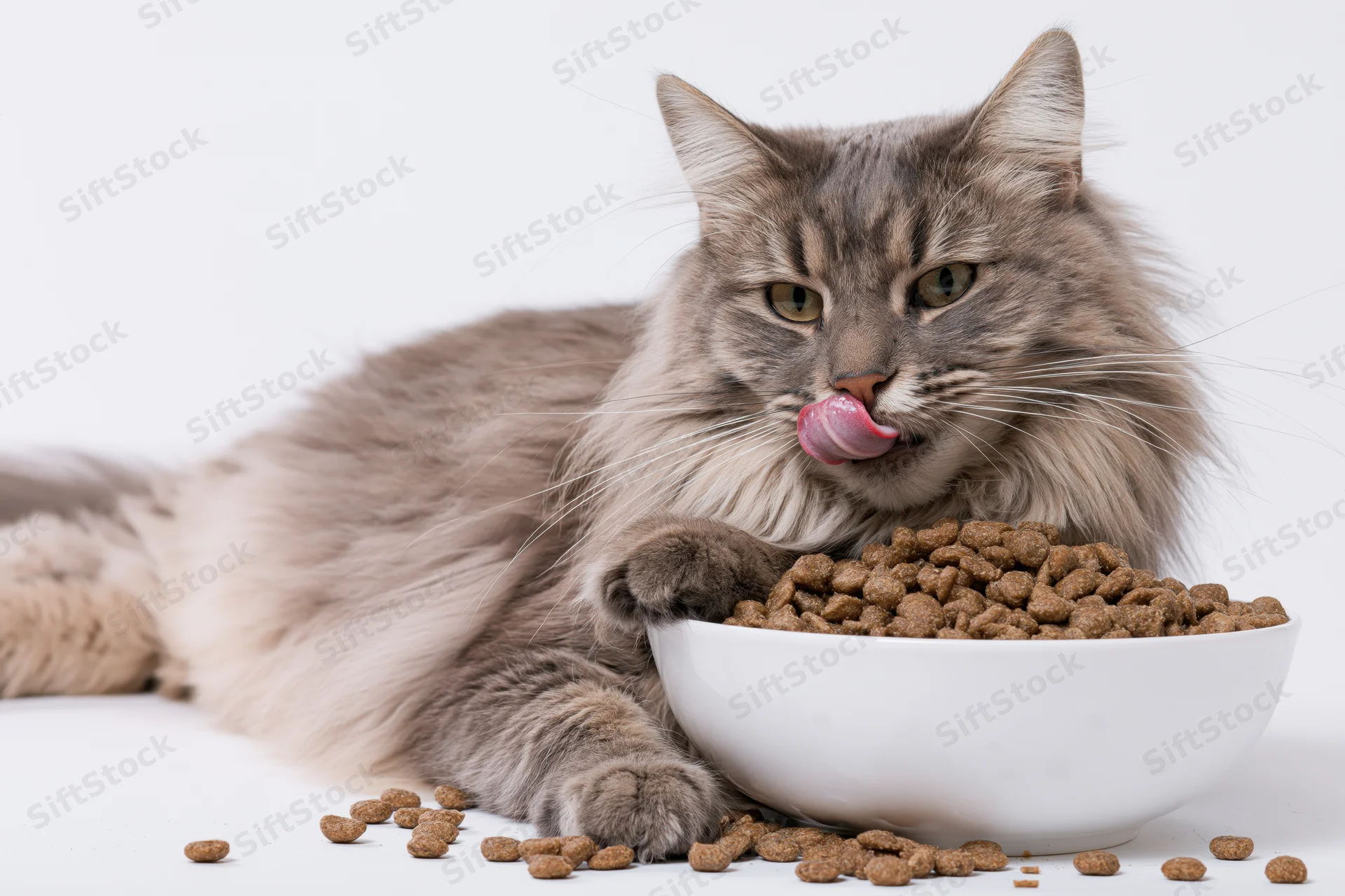 Fluffy grey tabby cat lying beside white ceramic bowl of dry kibble, licking lips with paw resting on bowl edge
