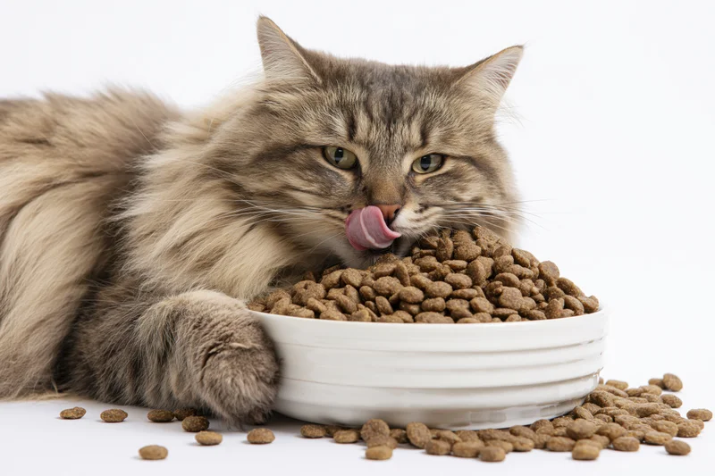 Fluffy grey tabby cat lying beside a large white ceramic bowl filled with dry kibble, licking its lips while paw rests on the bowl edge