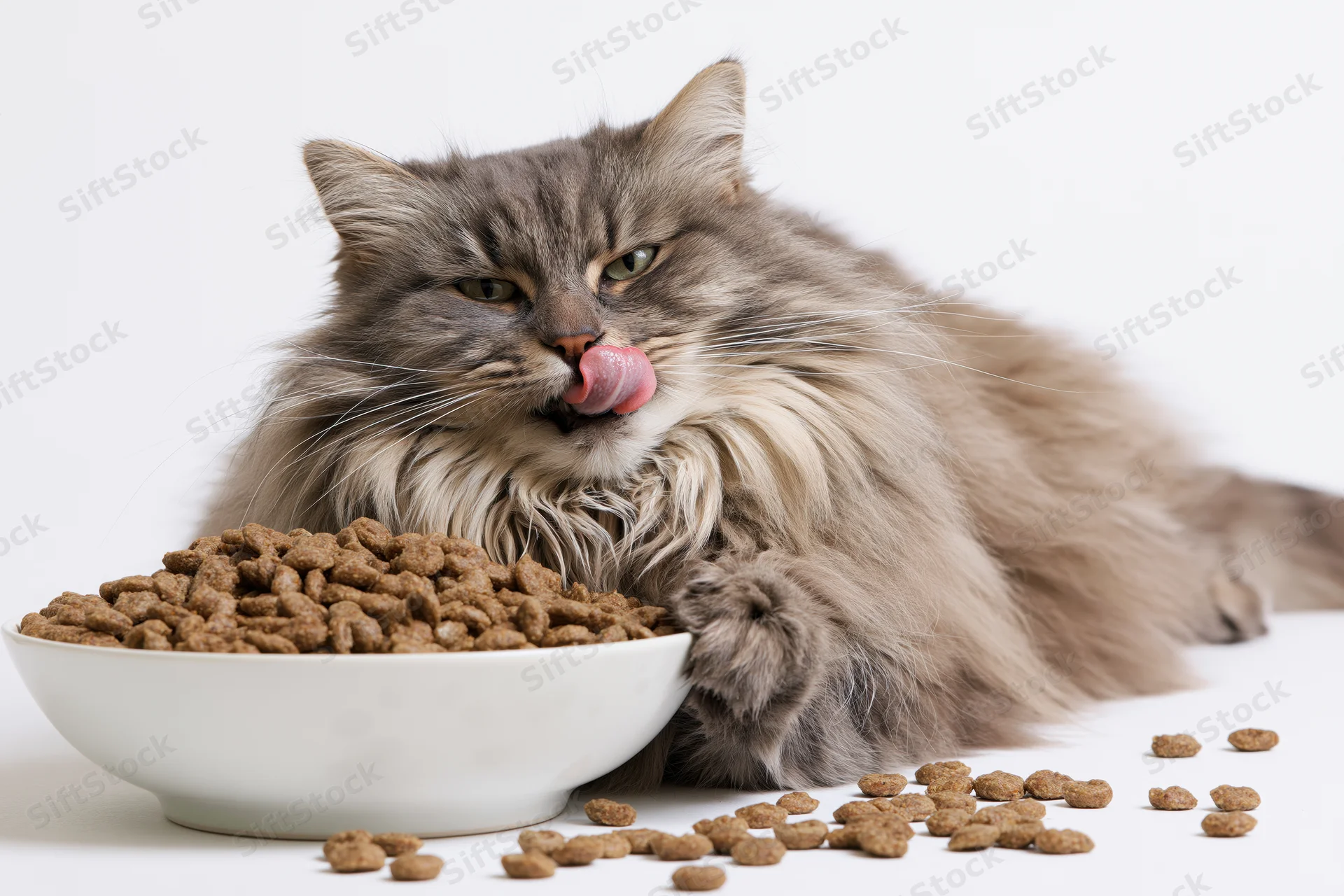 Fluffy grey tabby cat lying beside white ceramic bowl of dry kibble, licking its lips