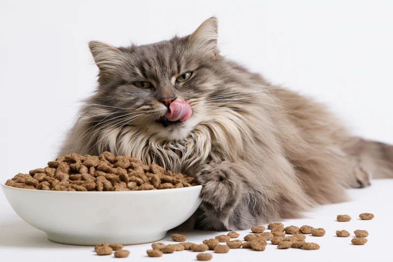 Fluffy grey tabby cat lying beside white ceramic bowl of dry kibble, licking its lips