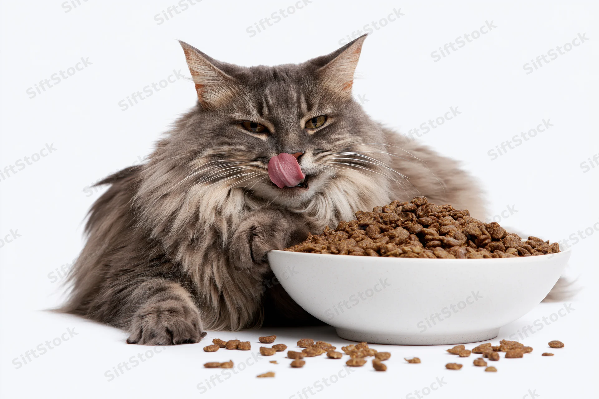 Fluffy grey tabby cat lying beside a large white ceramic bowl of dry kibble, licking its lips