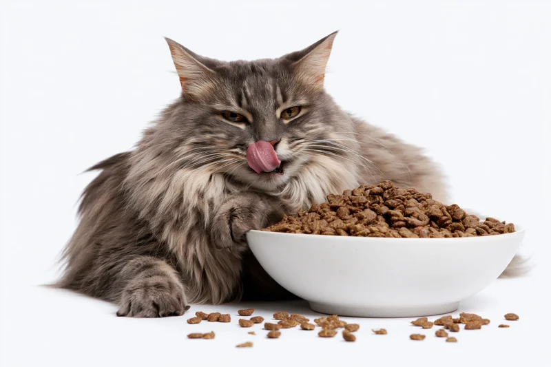 Fluffy grey tabby cat lying beside a large white ceramic bowl of dry kibble, licking its lips