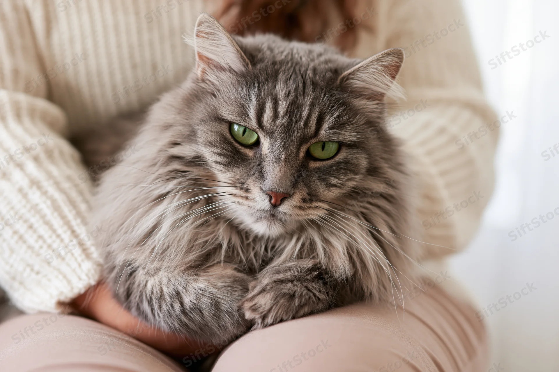 Fluffy grey tabby cat resting on woman's lap indoors