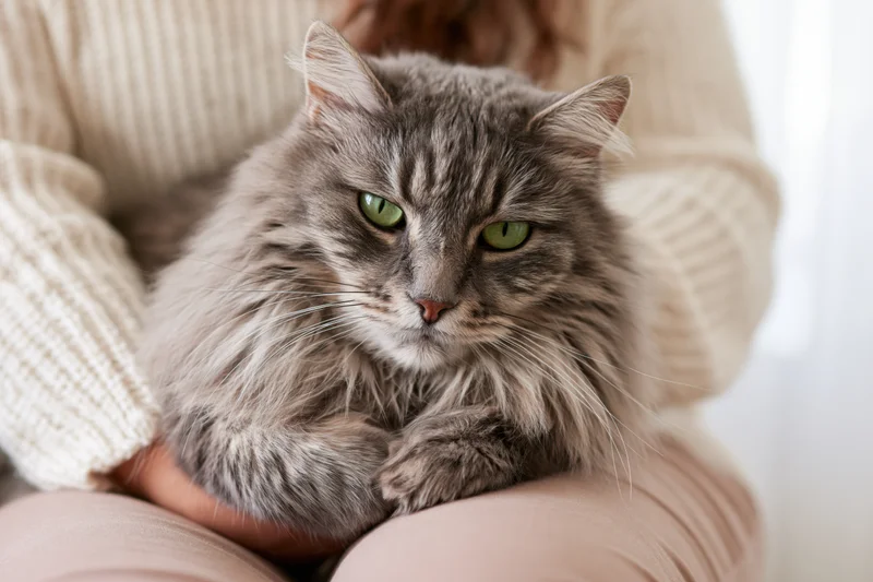 Fluffy grey tabby cat resting on woman's lap indoors