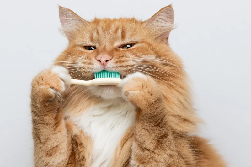 Fluffy orange and white tabby cat holding toothbrush in mouth while brushing teeth against white background
