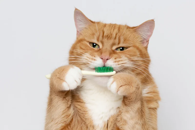 Fluffy orange and white tabby cat holding a small toothbrush with green bristles, brushing its teeth against a white background