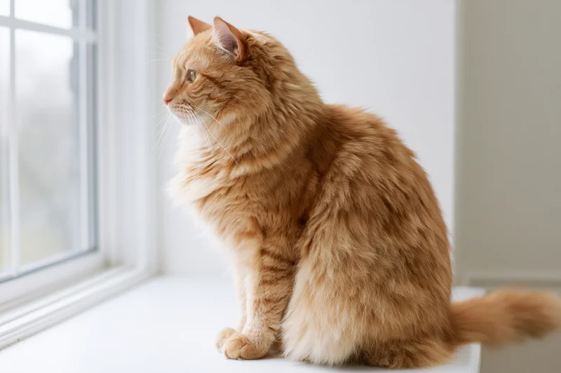Fluffy orange tabby cat sitting upright on white window sill looking out the window