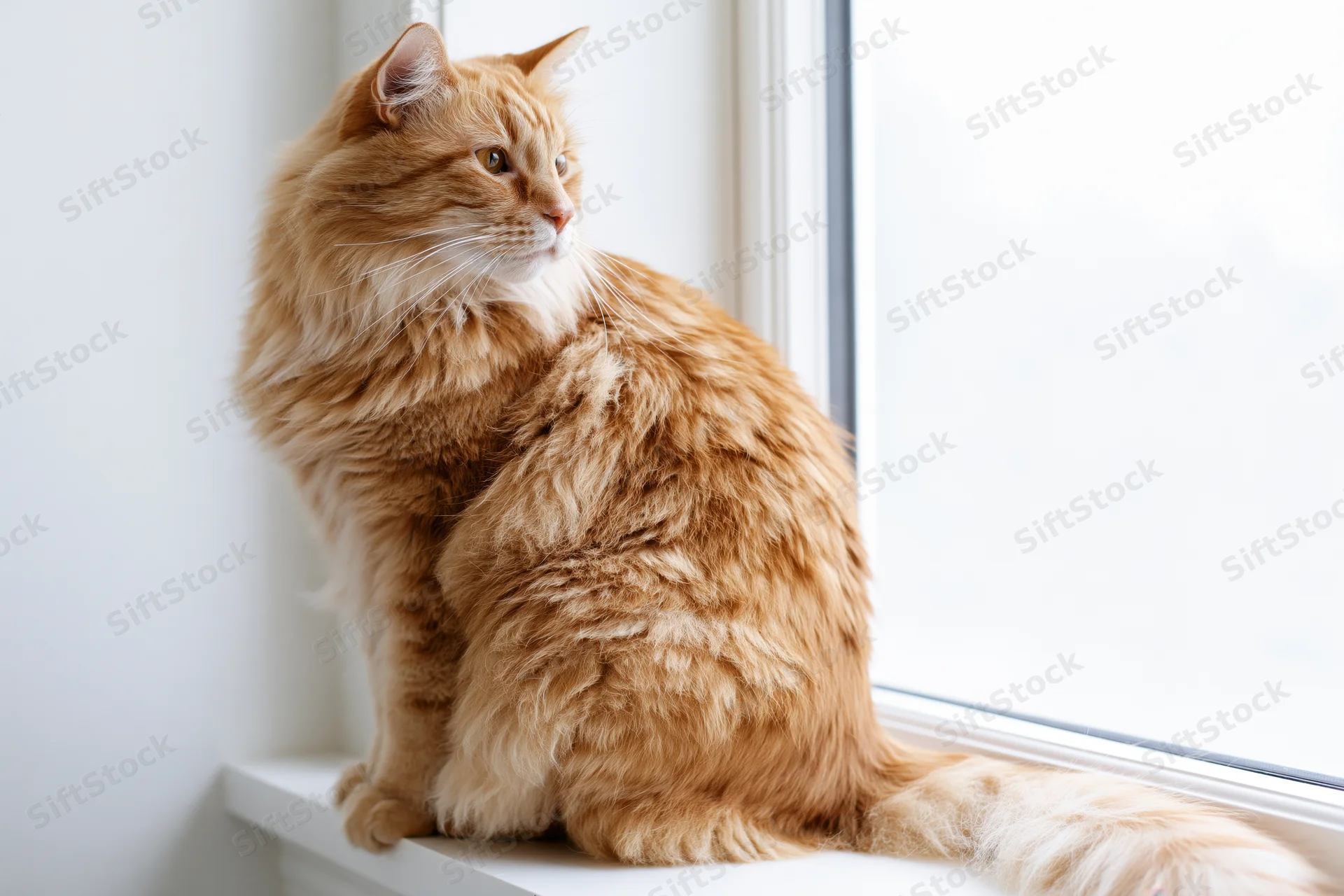 Fluffy orange tabby cat sitting upright on white window sill looking out