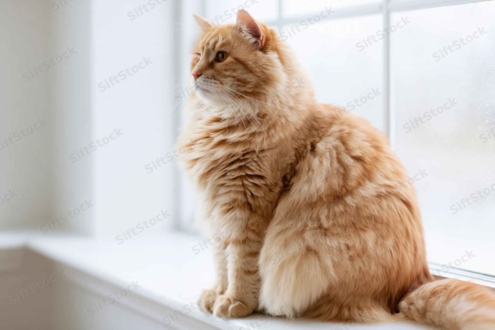 Fluffy orange tabby cat sitting upright on a white window sill looking out