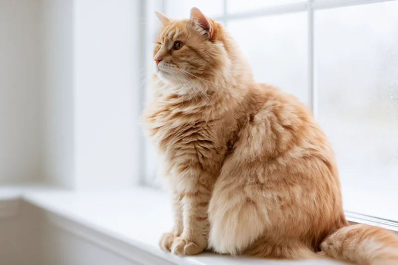 Fluffy orange tabby cat sitting upright on a white window sill looking out