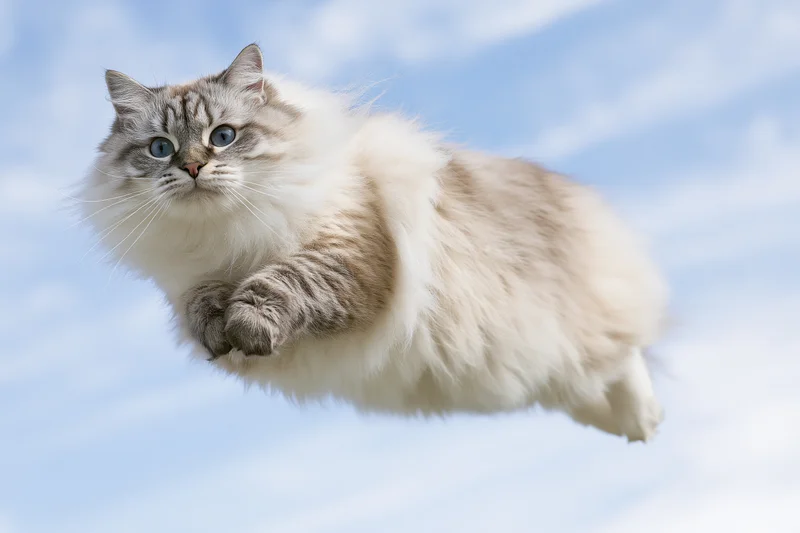 Fluffy ragdoll cat mid-leap with paws tucked against a cloudy sky background