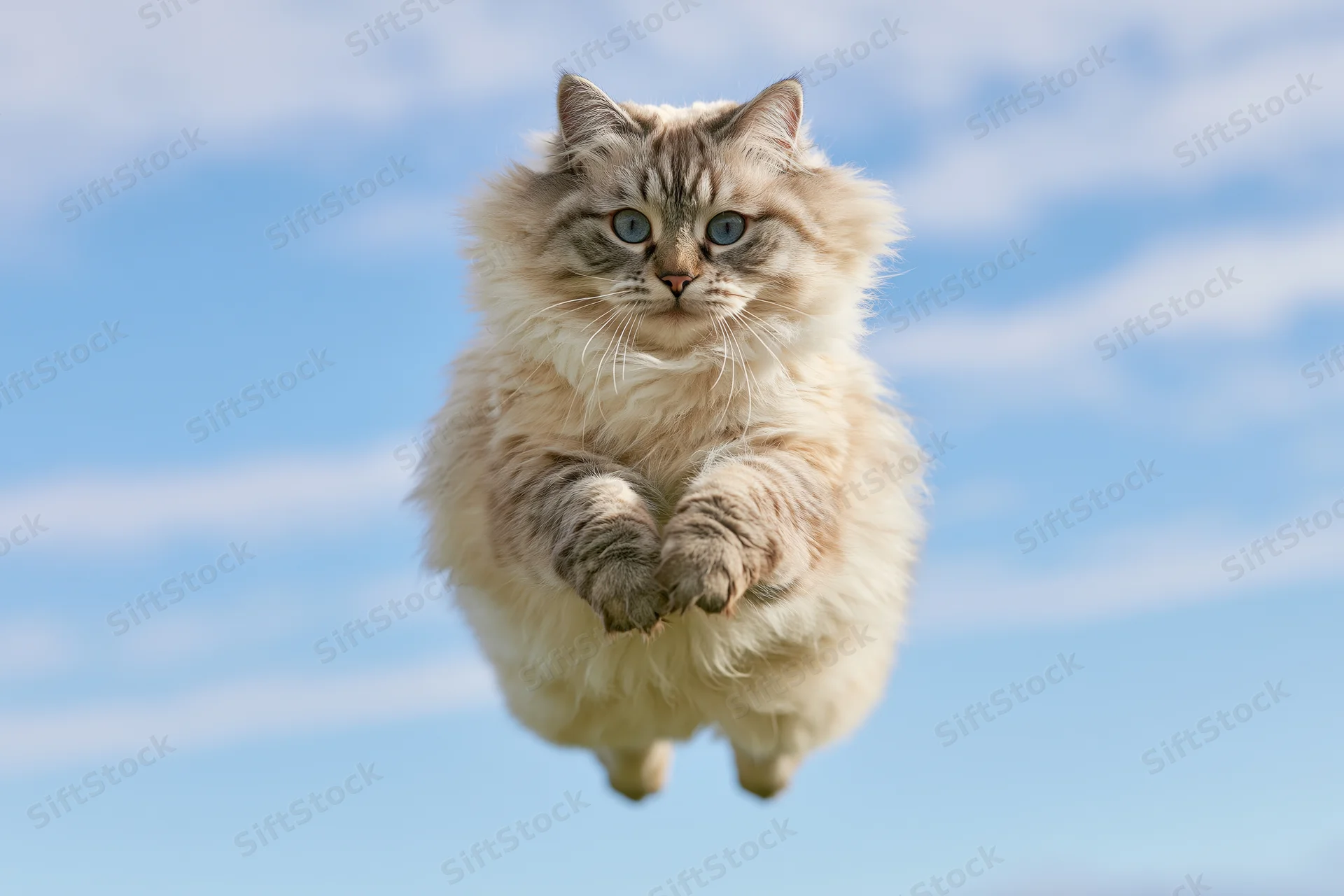 Fluffy ragdoll cat mid-leap with paws tucked against blue sky background