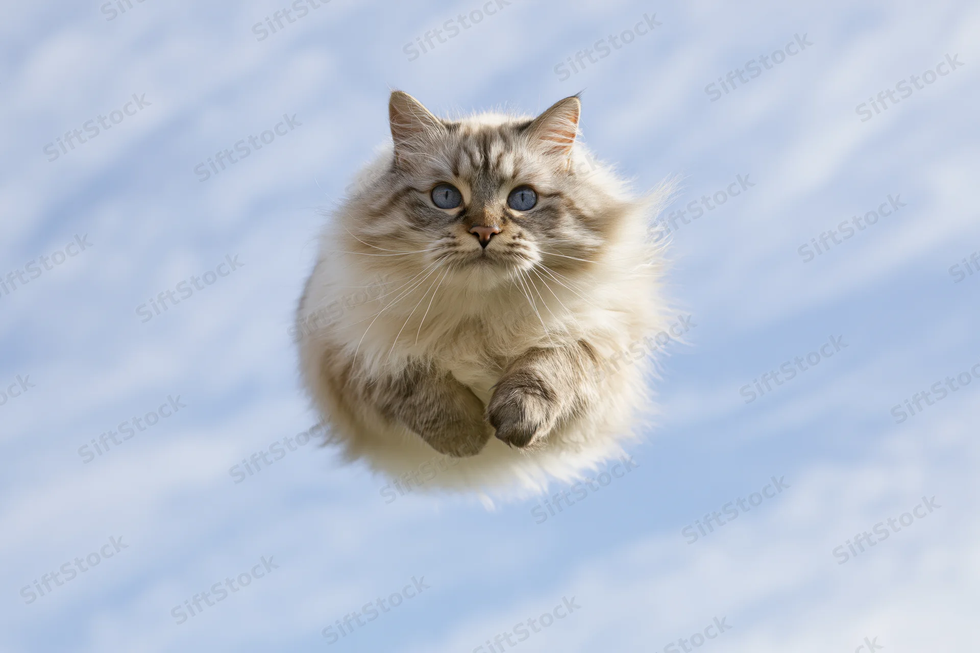 Fluffy ragdoll cat mid-leap with paws tucked against a cloudy sky