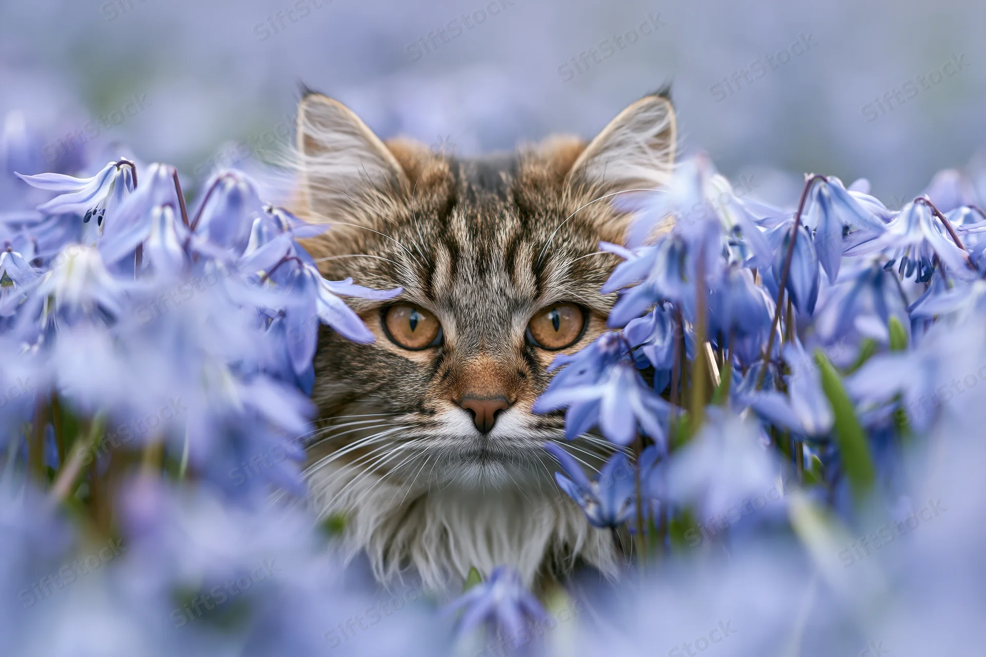 Fluffy tabby cat peering through blue flowers in a spring garden