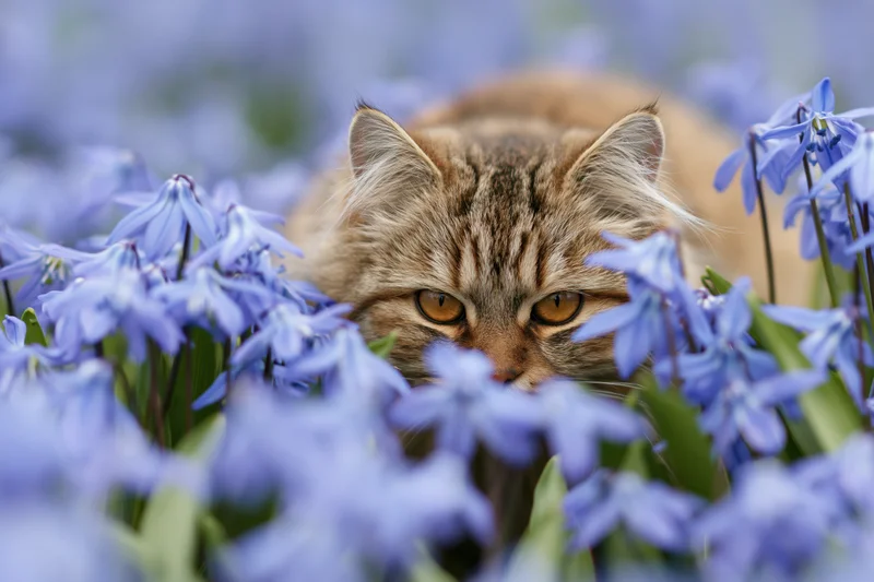 Fluffy tabby cat peering through bluebells in a spring garden