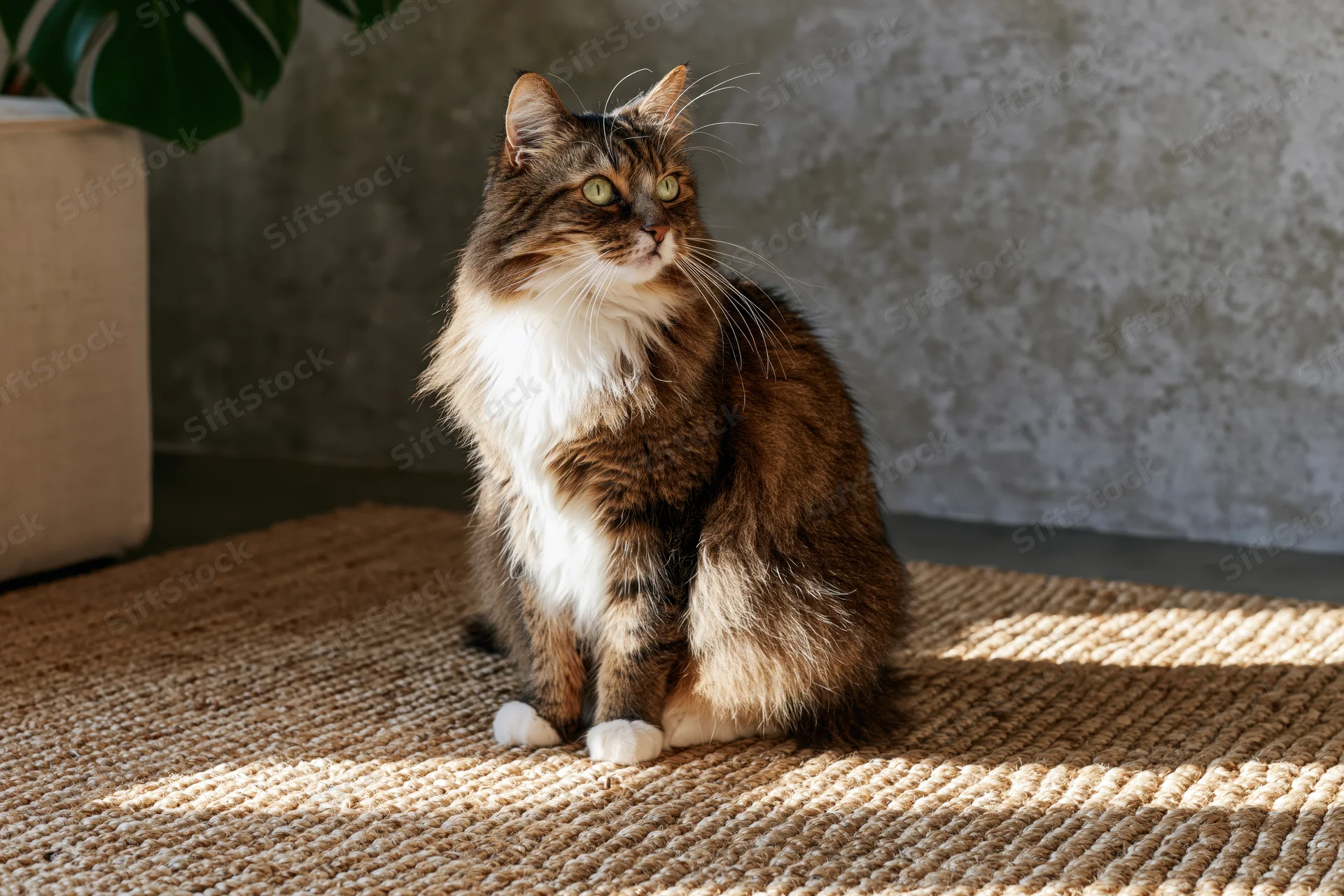 Fluffy tabby cat with white chest and green eyes sitting upright on a woven rug in a sunlit indoor space near a potted plant
