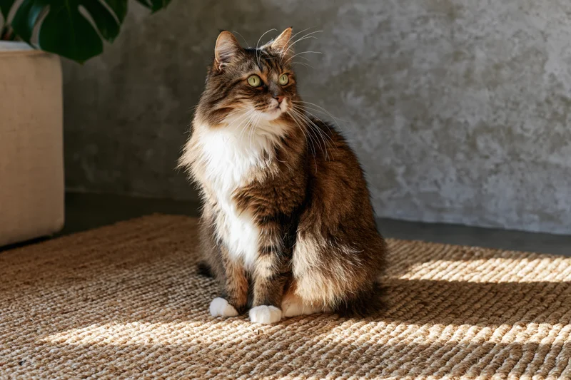 Fluffy tabby cat with white chest and green eyes sitting upright on a woven rug in a sunlit indoor space near a potted plant
