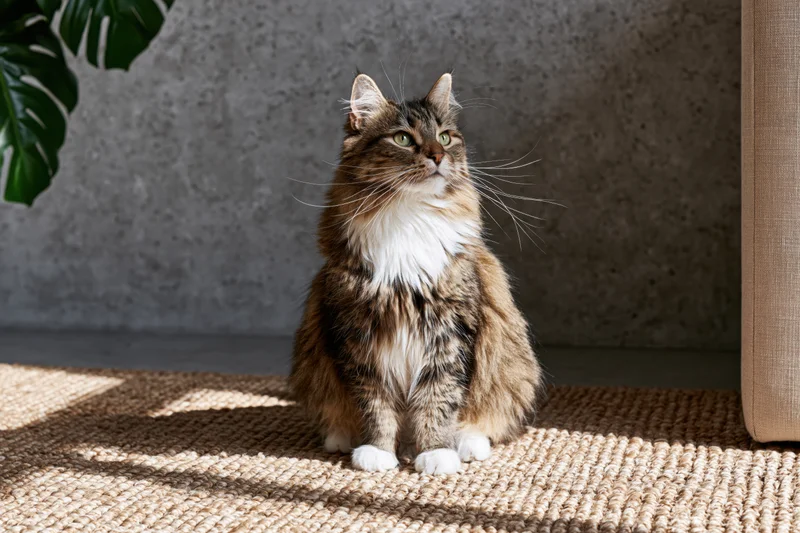 Fluffy tabby cat sitting upright on woven rug in sunlit living room with monstera plant nearby