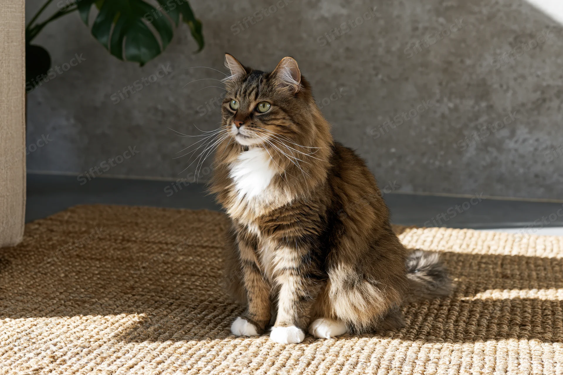 Fluffy tabby cat with white chest and green eyes sitting on woven rug indoors near plant