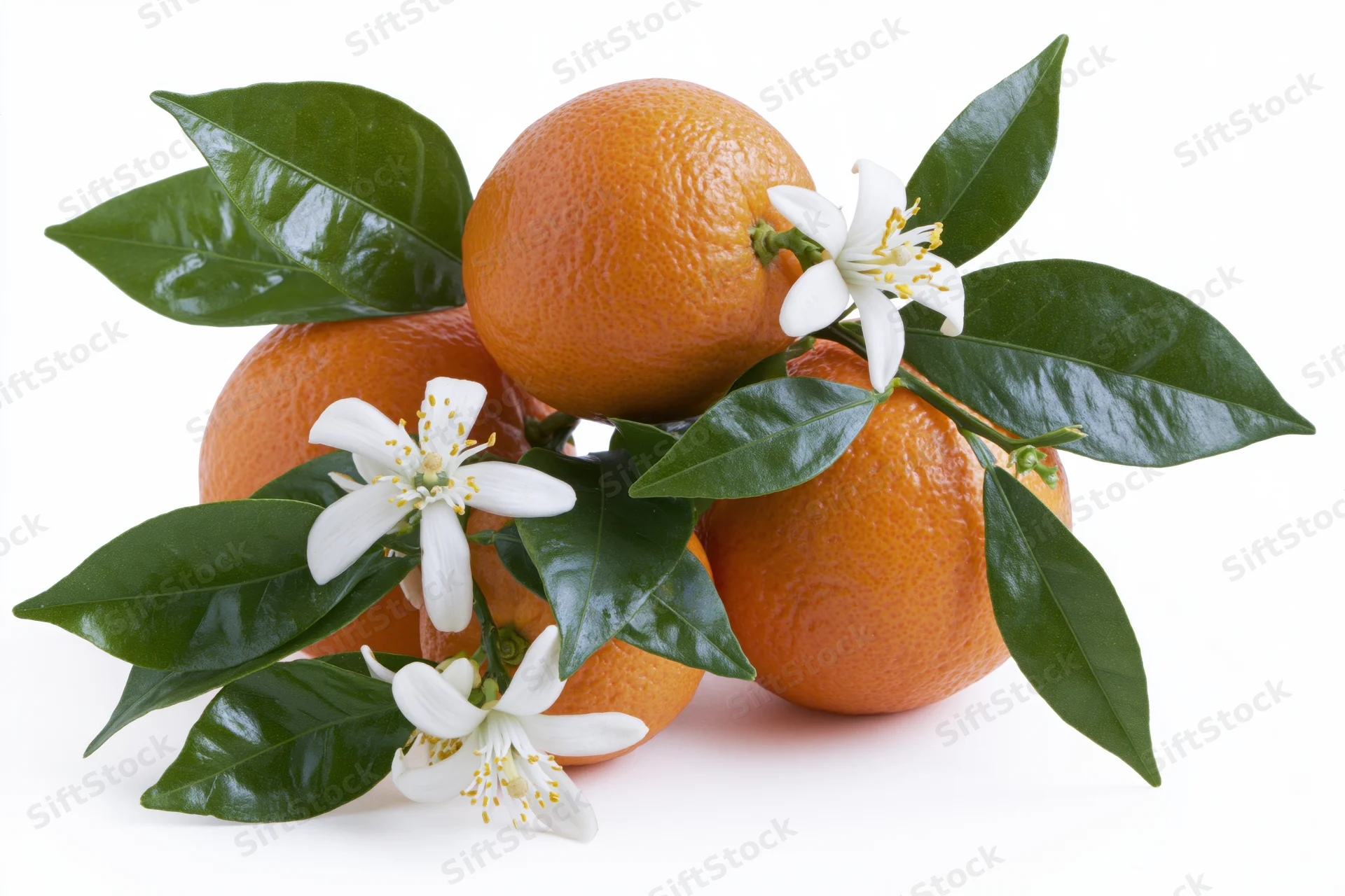Ripe oranges clustered on a citrus branch with green leaves and white blossoms against white background