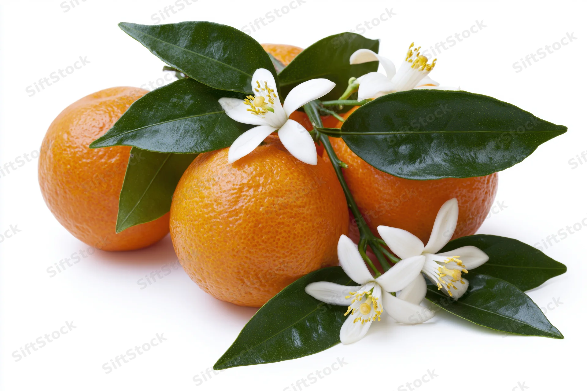 Ripe oranges clustered on a citrus branch with blossoms and leaves against white background