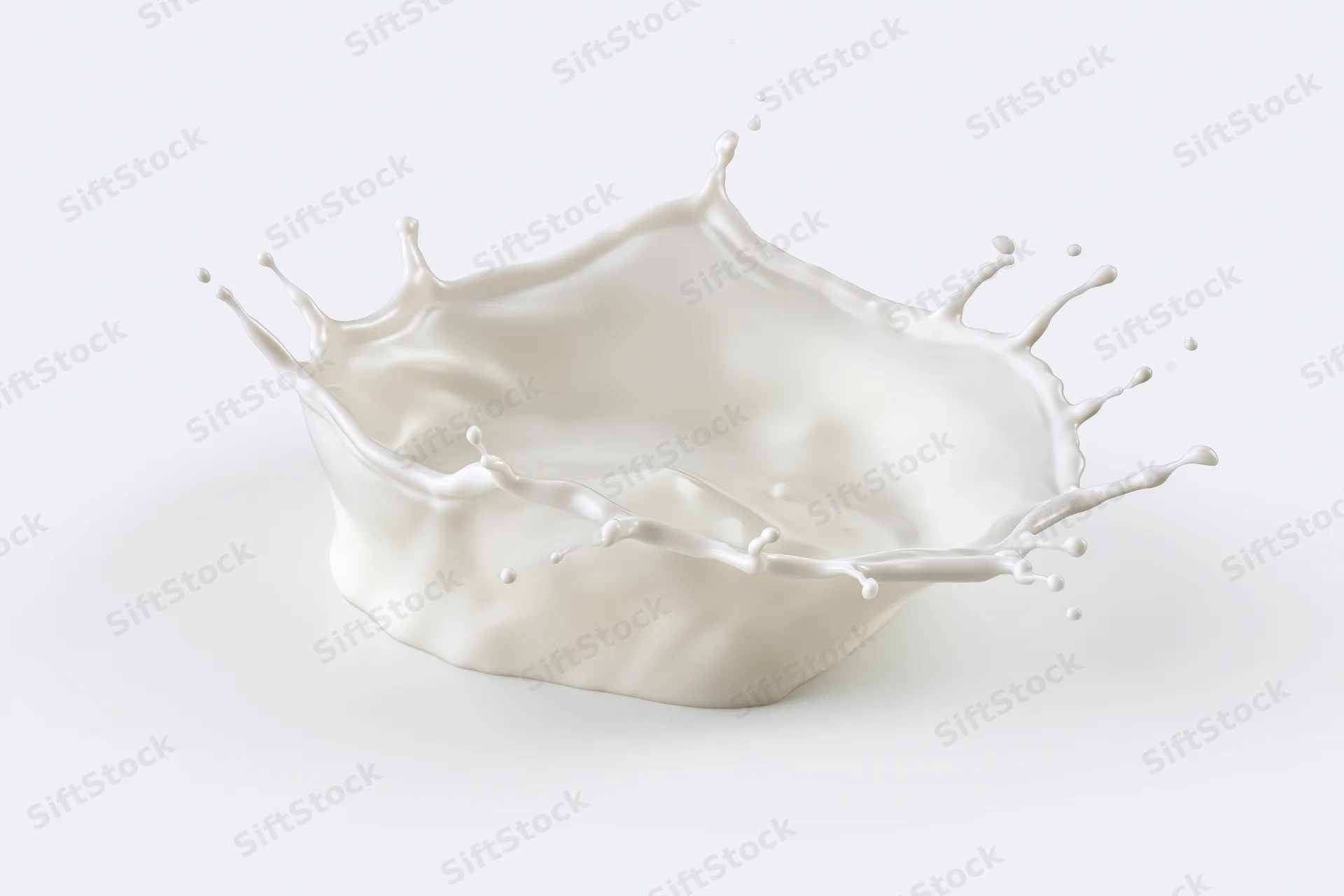 Milk splash frozen in motion forming a crown shape against white background