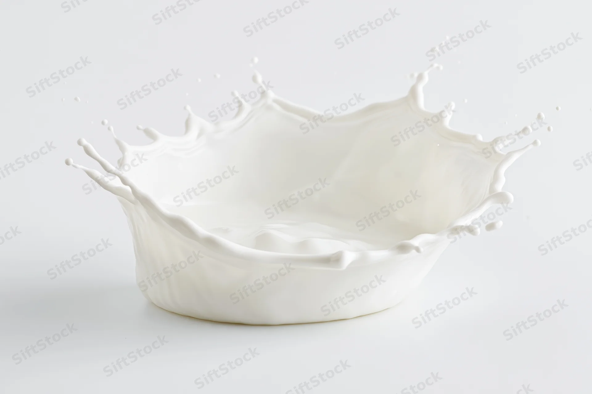 White milk frozen mid-splash forming a crown-shaped wave on a plain surface