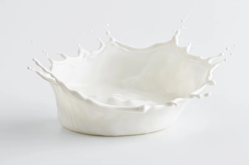 White milk frozen mid-splash forming a crown-shaped wave on a plain surface