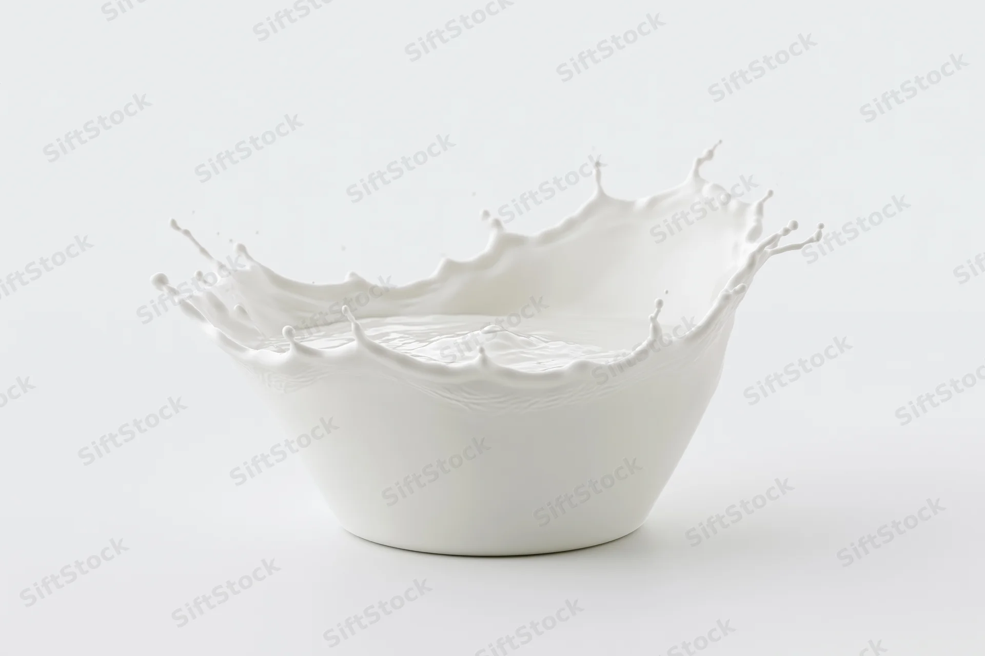 White milk mid-splash forming a crown-shaped wave in a bowl on a plain surface