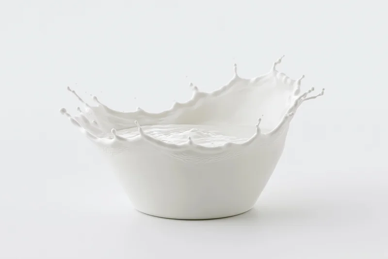 White milk mid-splash forming a crown-shaped wave in a bowl on a plain surface