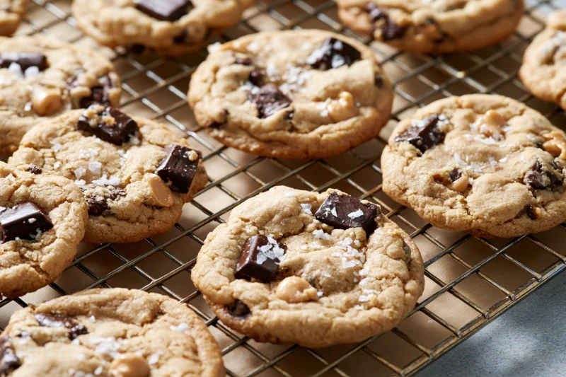 Freshly baked chocolate chunk cookies cooling on a wire rack
