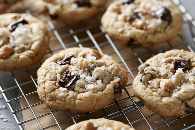 Chocolate chunk cookies cooling on a wire rack