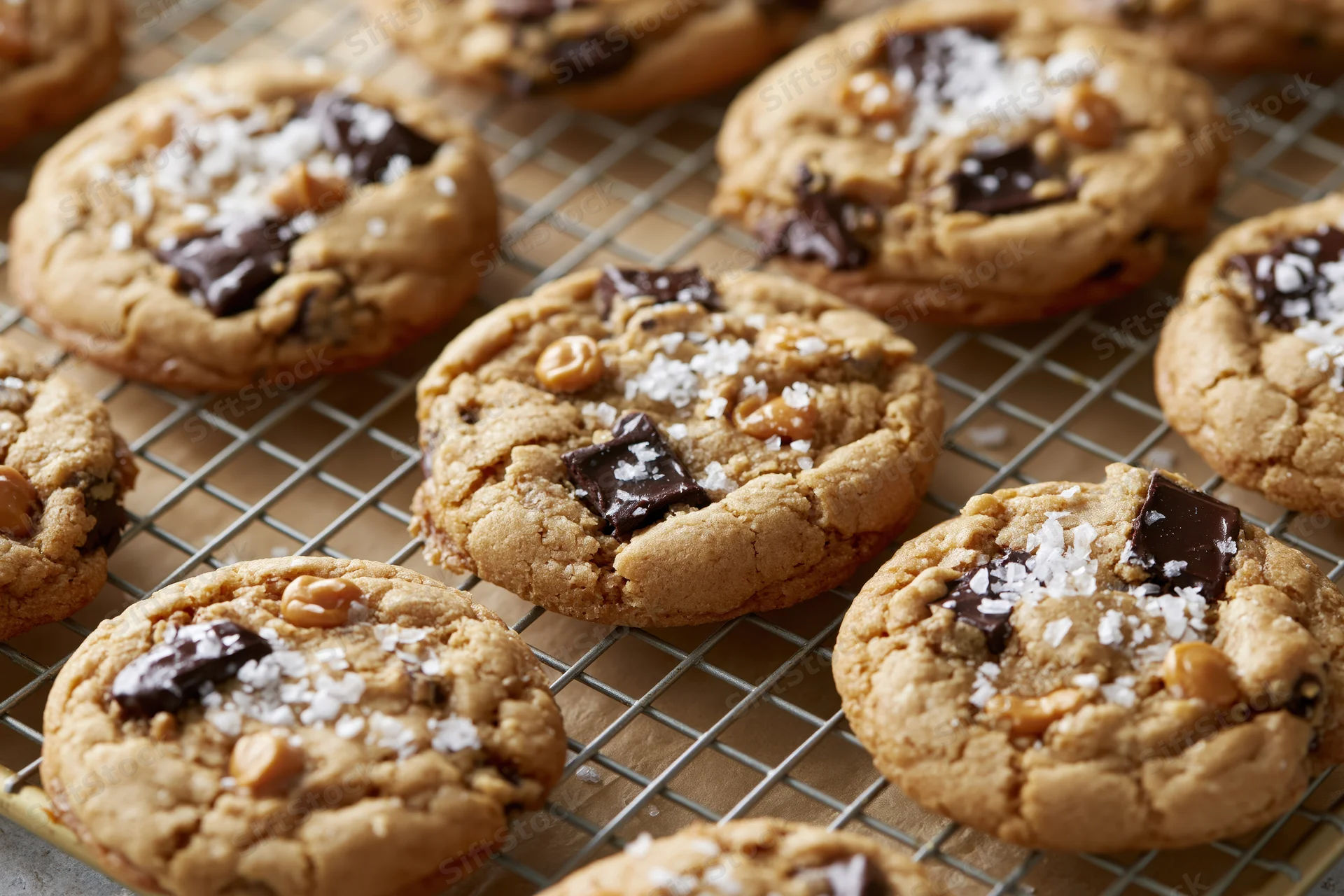 Chocolate chunk cookies cooling on a wire rack