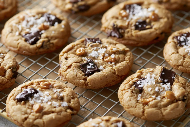 Chocolate chunk cookies cooling on a wire rack