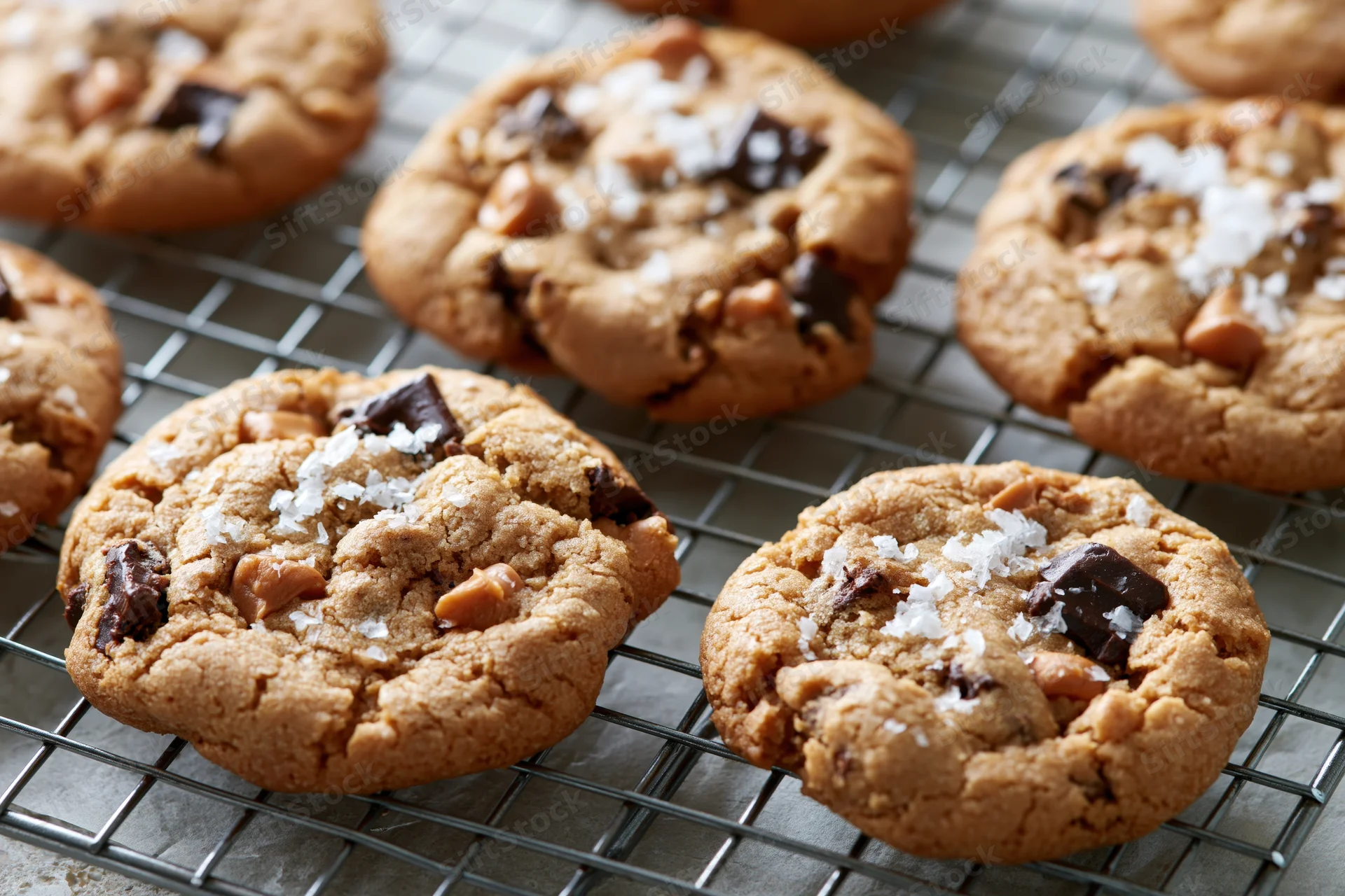 Chocolate chunk cookies cooling on a wire rack