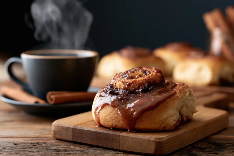 Cinnamon roll with caramel glaze on wooden board beside steaming coffee mug