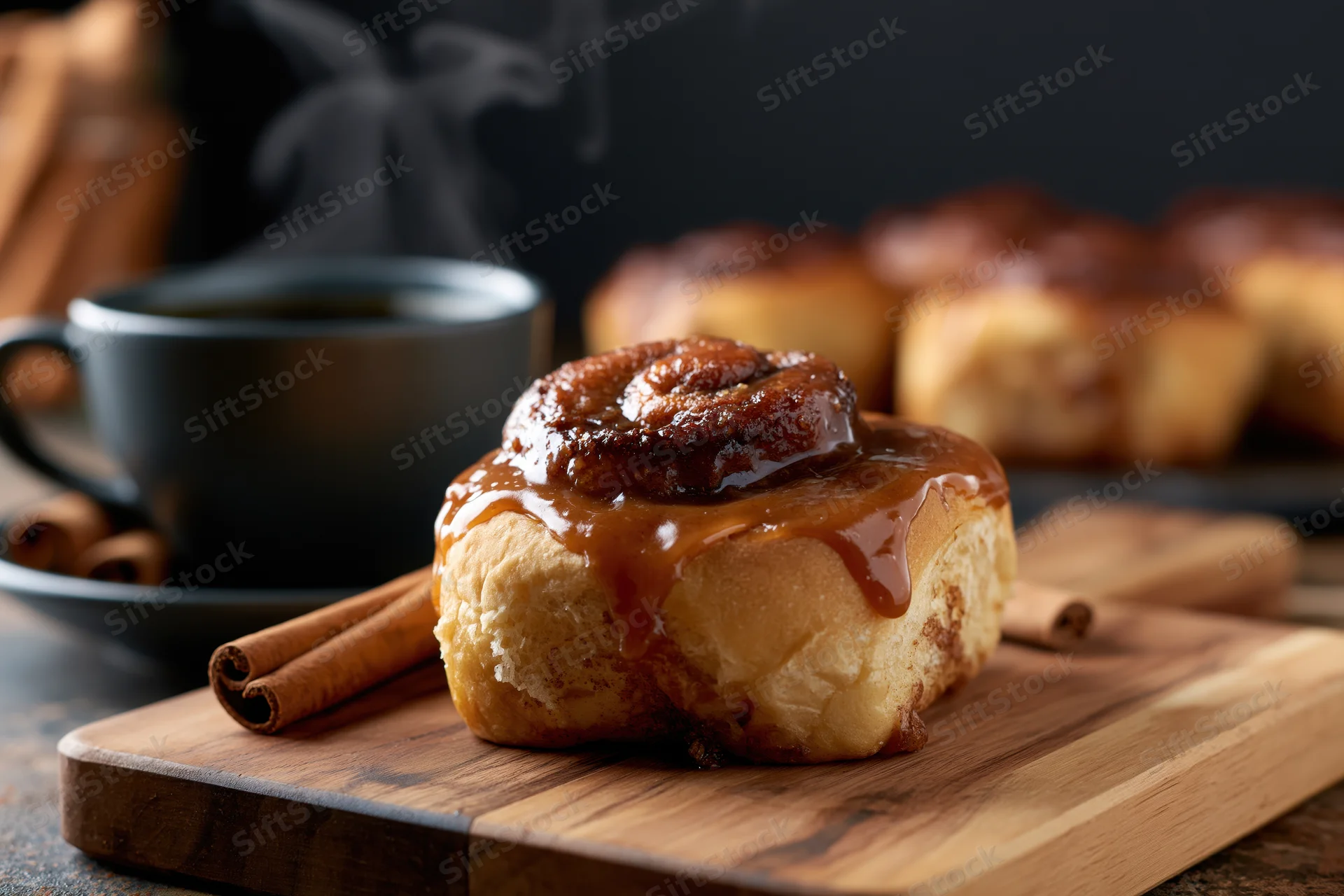 Cinnamon roll with caramel glaze on wooden board beside coffee mug and cinnamon sticks