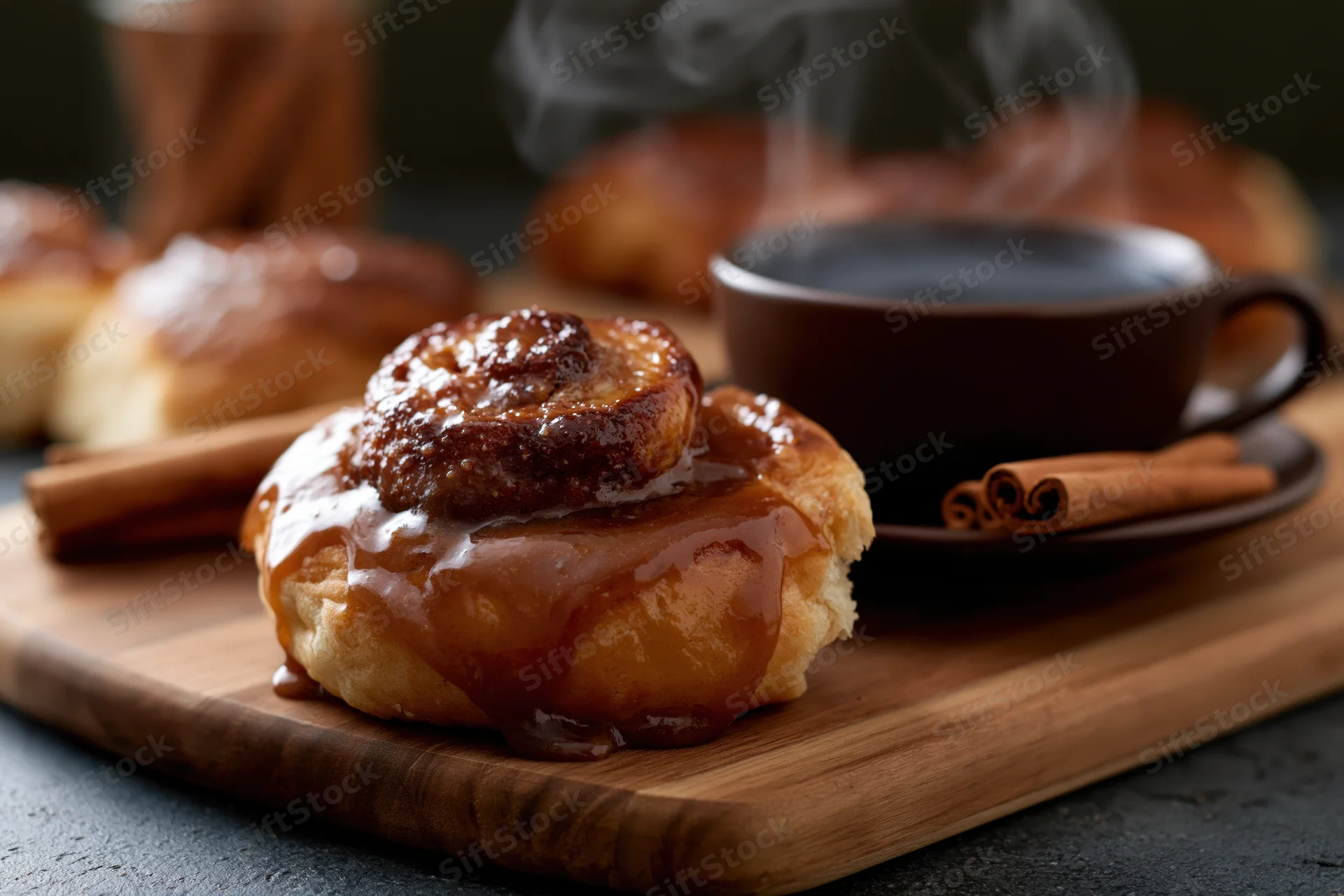 Freshly baked cinnamon roll with caramel glaze on wooden board beside steaming coffee mug
