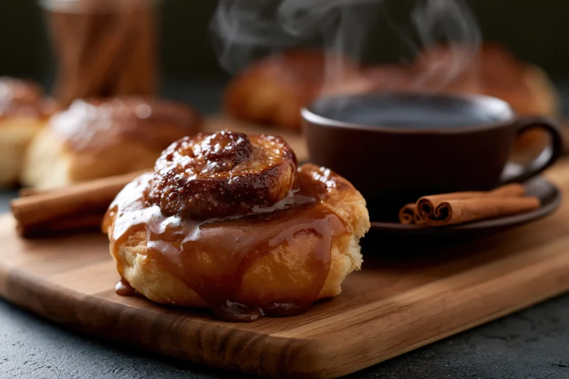 Freshly baked cinnamon roll with caramel glaze on wooden board beside steaming coffee mug