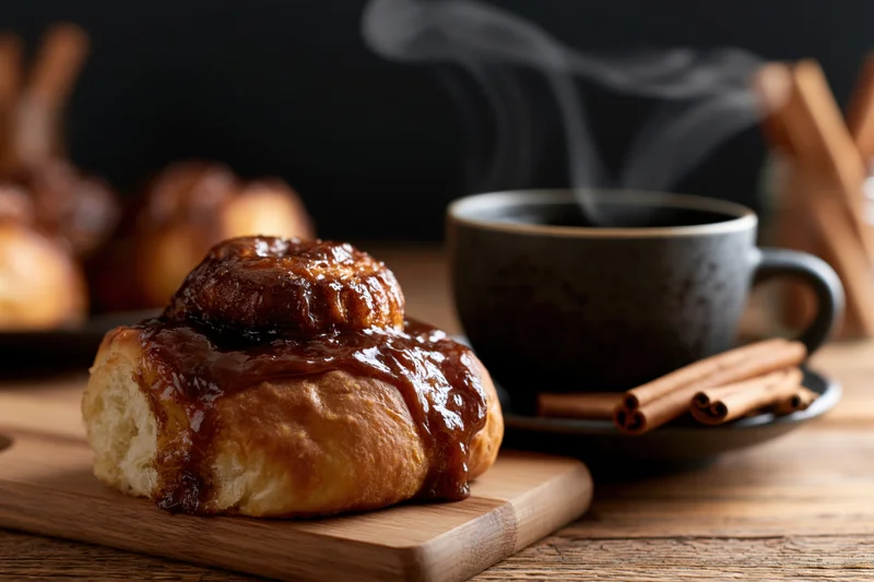 Cinnamon roll with caramel glaze on wooden board beside steaming coffee mug