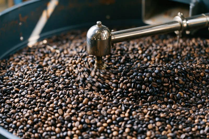 Roasted coffee beans being cooled in a large industrial drum with a rotating metal agitator