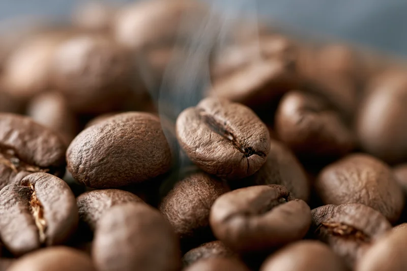 Freshly roasted coffee beans piled together with a thin wisp of steam rising from them