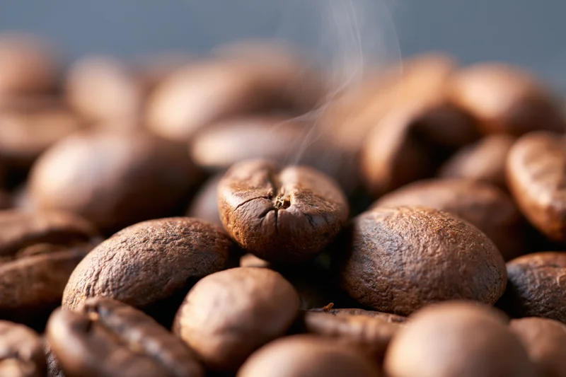 Freshly roasted coffee beans piled together with a thin wisp of steam rising from them