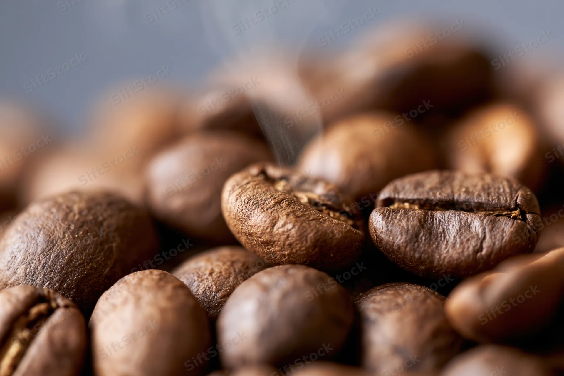 Freshly roasted coffee beans piled together with a thin wisp of steam rising from them