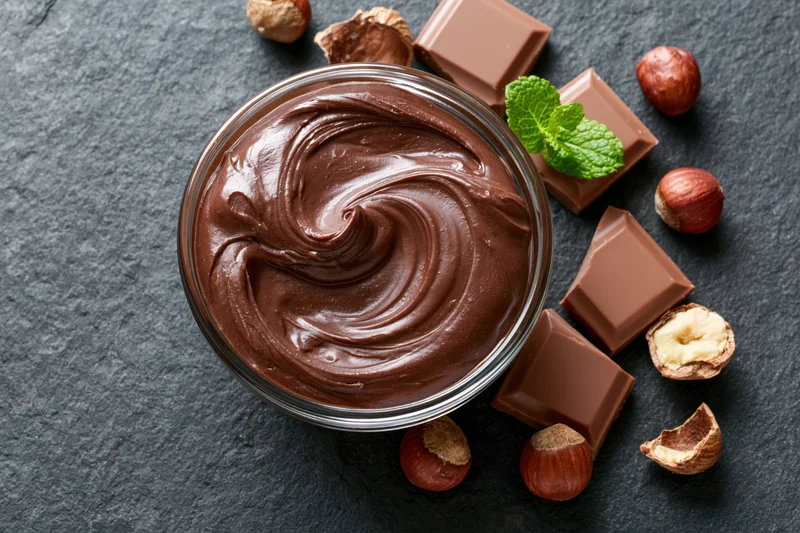 Swirled chocolate hazelnut spread in a glass bowl surrounded by chocolate pieces and hazelnuts on dark stone surface